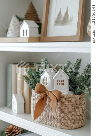 Cozy holiday decor display with miniature houses and greenery home interior aesthetic environment close-up view seasonal concept Cozy holiday decor display with miniature houses and greenery home interior aesthetic environment close-up view seasonal concept 121556141