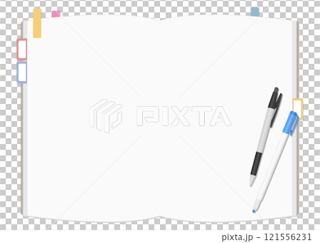 A set of a simple blank notebook, sticky notes, a ballpoint pen, and a highlighter, double-page spread 121556231