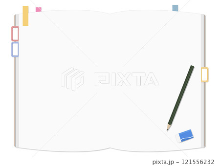 シンプルな無地のノートと付箋、鉛筆と消しゴムのセット、見開き 121556232