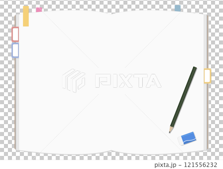 簡單的普通筆記本和便條、鉛筆和橡皮套裝，展開 121556232