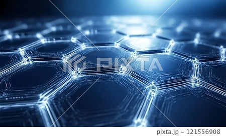 Floating digital particles move through hexagonal grids, symbolizing cybersecurity 121556908