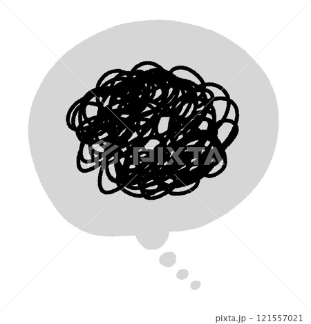 ぐちゃぐちゃに絡まる線と吹き出し　モヤモヤ　不満　考える 121557021