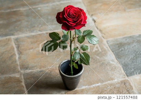 Single red rose blooming in a pot on stone floorのイラスト素材 [121557488] - PIXTA