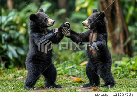 Two playful asiatic black bear cubs are fighting in the forest 121557535