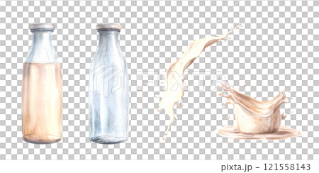 Glass milk bottle with flowing milk. Dairy products set. White liquids splash, splatters. Watercolor hand drawn illustration.Clipart for beverage, cream, yogurt label print. Isolated from background.  121558143