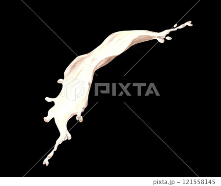 Stream of milk. White liquids splash, splatters. Dairy product. Watercolor hand drawn illustration. Flowing milk, yogurt or cream. Clipart for label food, drink recipes. Isolated black background 121558145