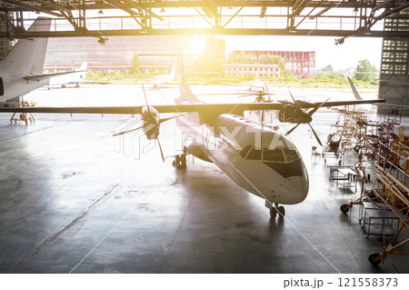 Repair of white passenger turboprop airplane and checking mechanical systems for flight operations 121558373