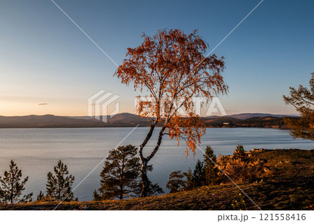 Beautiful lake and shore on a clear sunny day of golden autumn 121558416