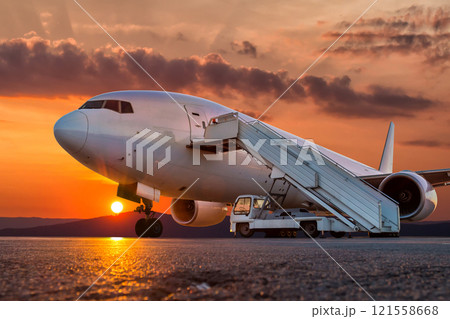 Wide body passenger airliner with air stairs at the airport apron against the backdrop of a picturesque sunrise 121558668