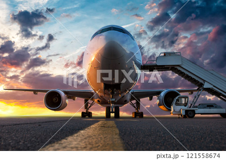 Wide body passenger airliner with boarding stairs at the airport apron against the backdrop of a picturesque sunset Wide body passenger airliner with boarding stairs at the airport apron against the backdrop of a picturesque sunset 121558674