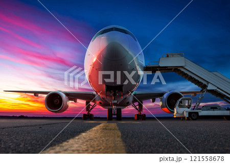 Wide body passenger jet plane with boarding steps at the airport apron against the backdrop of a scenic sunrise Wide body passenger jet plane with boarding steps at the airport apron against the backdrop of a scenic sunrise 121558678