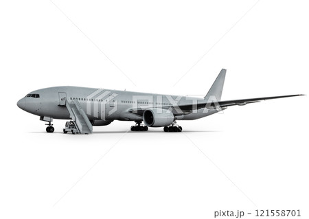 Wide body passenger airliner with boarding stairs isolated on white background 121558701