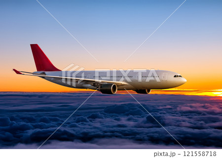 Wide body passenger airliner is flying in the dawn sky Wide body passenger airliner is flying in the dawn sky 121558718