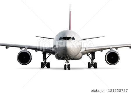 Front view of wide body passenger airplane isolated on white background 121558727