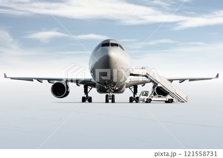 Front view of passenger airliner and boarding stairs at the airport apron isolated on bright background with sky Front view of passenger airliner and boarding stairs at the airport apron isolated on bright background with sky 121558731