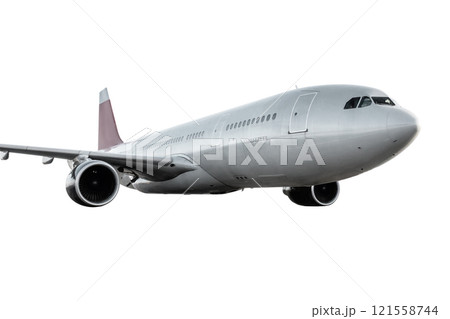 Wide body passenger plane fly isolated on white background Wide body passenger plane fly isolated on white background 121558744