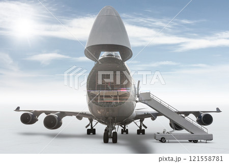 Front view of the white wide body cargo aircraft with an open nose hatch isolated on bright background with sky Front view of the white wide body cargo aircraft with an open nose hatch isolated on bright background with sky 121558781