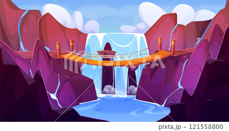 Wooden bridge stretches across waterfall 121558800