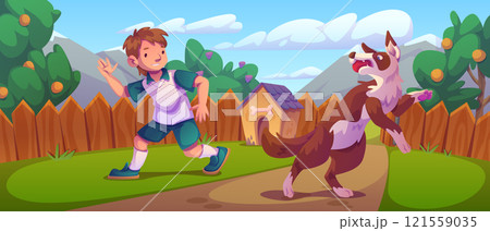 Boy play with dog on backyard garden Boy play with dog on backyard garden 121559035
