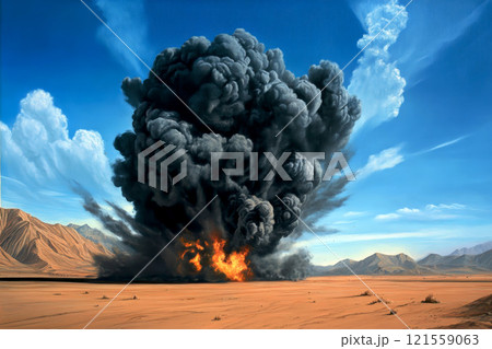 Large scale explosion in a desert environment. 121559063