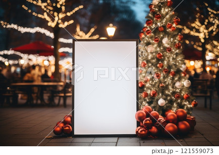 blank white billboard at bus stop on city street. In the background buildings and road. Mock up. Poster on street next to roadway. , Generative ai blank white billboard at bus stop on city street. In the background buildings and road. Mock up. Poster on street next to roadway. , Generative ai 121559073