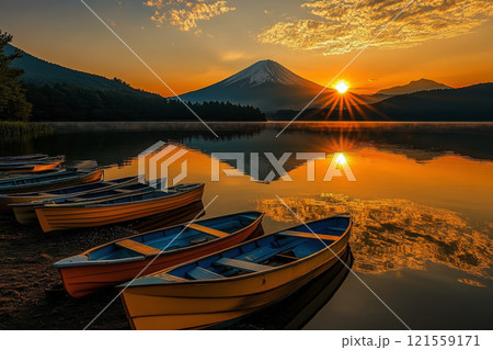 boats are resting on the shore in Japan is Lake Kawaguchiko, Mount Fuji with its morning baclground . 121559171
