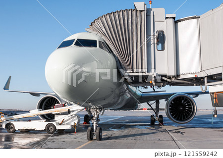 The passenger aircraft stands at the boarding bridge on an airport apron. Loading baggage on the airplane The passenger aircraft stands at the boarding bridge on an airport apron. Loading baggage on the airplane 121559242