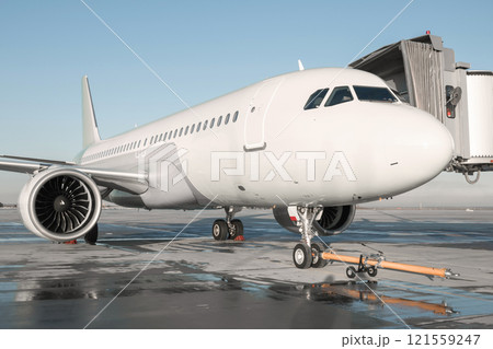 Passenger airplane with towbar at the jet bridge 121559247