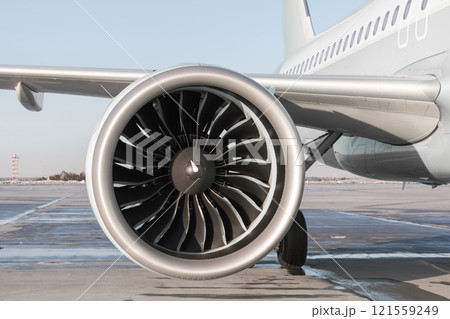 Close-up of engine of big passenger airliner Close-up of engine of big passenger airliner 121559249
