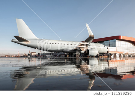 Passenger aircraft parked to a jet bridge with reflection in a puddle 121559250