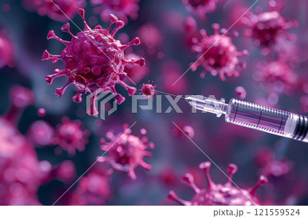 syringe injection with red virus cell and immune system, Generative Ai 121559524
