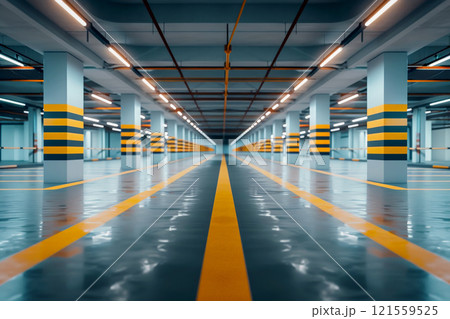 yellow line on Parking lot in the shopping mall building. Generative AI. 121559525