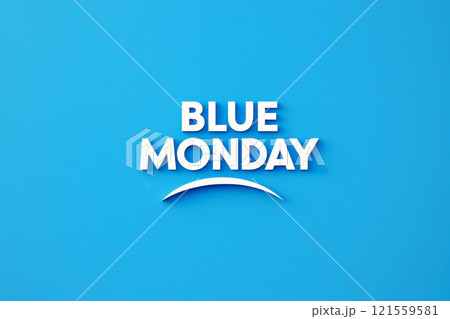 flat graphic pictogram of sad face with display BULE MONDAY text. 121559581