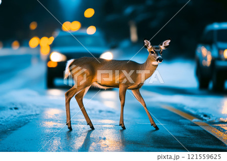 A large brown deer dashes across the road just ahead of an oncoming night car, depicting a near-miss accident in street The danger of hitting wildlife is evident. 121559625