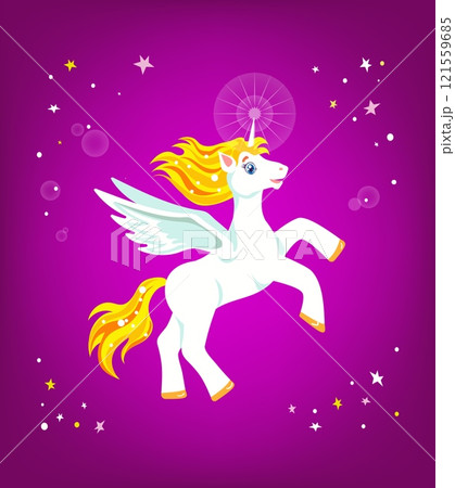White unicorn with wings, jumping in mauve sky White unicorn with wings, jumping in mauve sky 121559685
