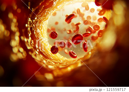 Clogged artery and atherosclerosis disease medical concept with a three dimensional human artery with blood cells that is blocked by plaque buildup of cholesterol. Generative AI 121559717
