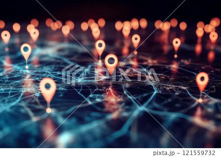 Digital GPS location on map with pin route path concept. AI generated image 121559732