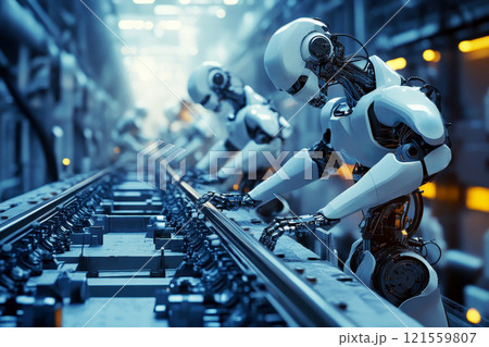 Robotic innovation showcased in a futuristic assembly line, with robots working autonomously under human supervision. 121559807