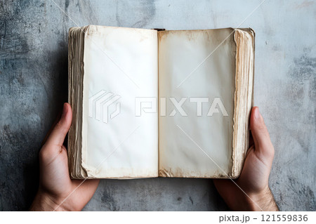 A blank white book with plain pages being held by someone's hands. The person is holding it open to show its interior 121559836