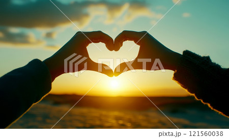 Two hands create a heart shape against a beautiful sunset background in a field of flowers, Couple making heart with hands. 121560038