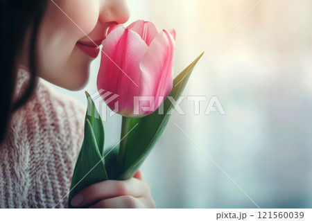 A single tulip held by a woman providing for text or design, viewed from above. image with copy space 121560039