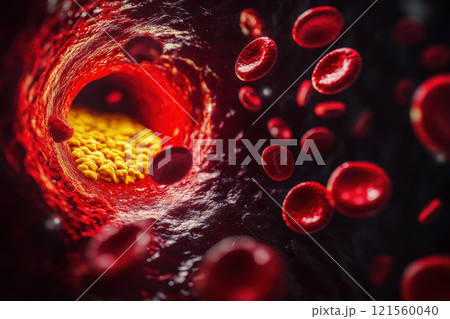 Detailed 3D illustration showing cholesterol plaque buildup inside an artery with red blood cells, highlighting cardiovascular health issues 121560040