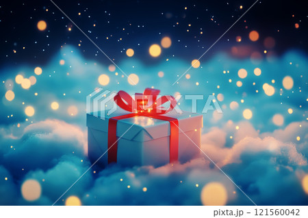 Dreamy Christmas Gift Box with Red Ribbon on Fluffy Clouds. 121560042