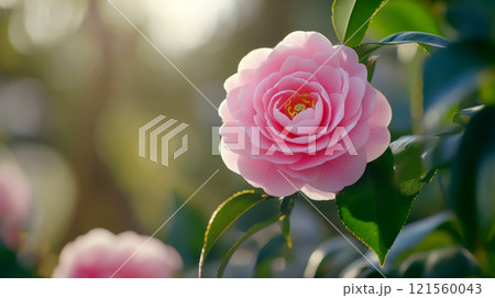 camellia pink flowers sunny morning natural light for copy text space in valentine concept. 121560043