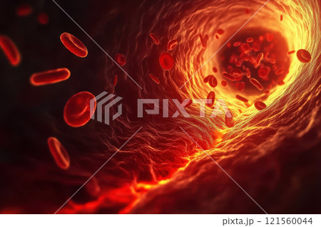 Detailed 3D illustration showing cholesterol plaque buildup inside an artery with red blood cells, highlighting cardiovascular health issues 121560044