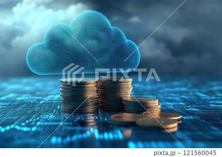 Blue glowing cloud computing icon on a pile of gold coins against blue blurred background. 121560045