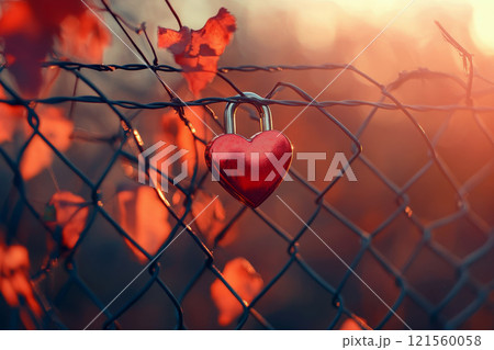 Valentine heart padlock attached to wire mesh fence. 121560058