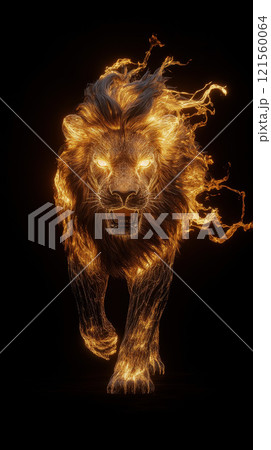 Majestic lion surrounded by fiery, golden flames, creating a powerful, mystical atmosphere. isolated dark background. Majestic lion surrounded by fiery, golden flames, creating a powerful, mystical atmosphere. isolated dark background. 121560064