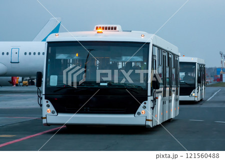 Two airport shuttle buses at the morning airfield 121560488