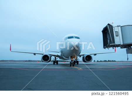 Passenger airliner taxiing to the boarding bridge Passenger airliner taxiing to the boarding bridge 121560495